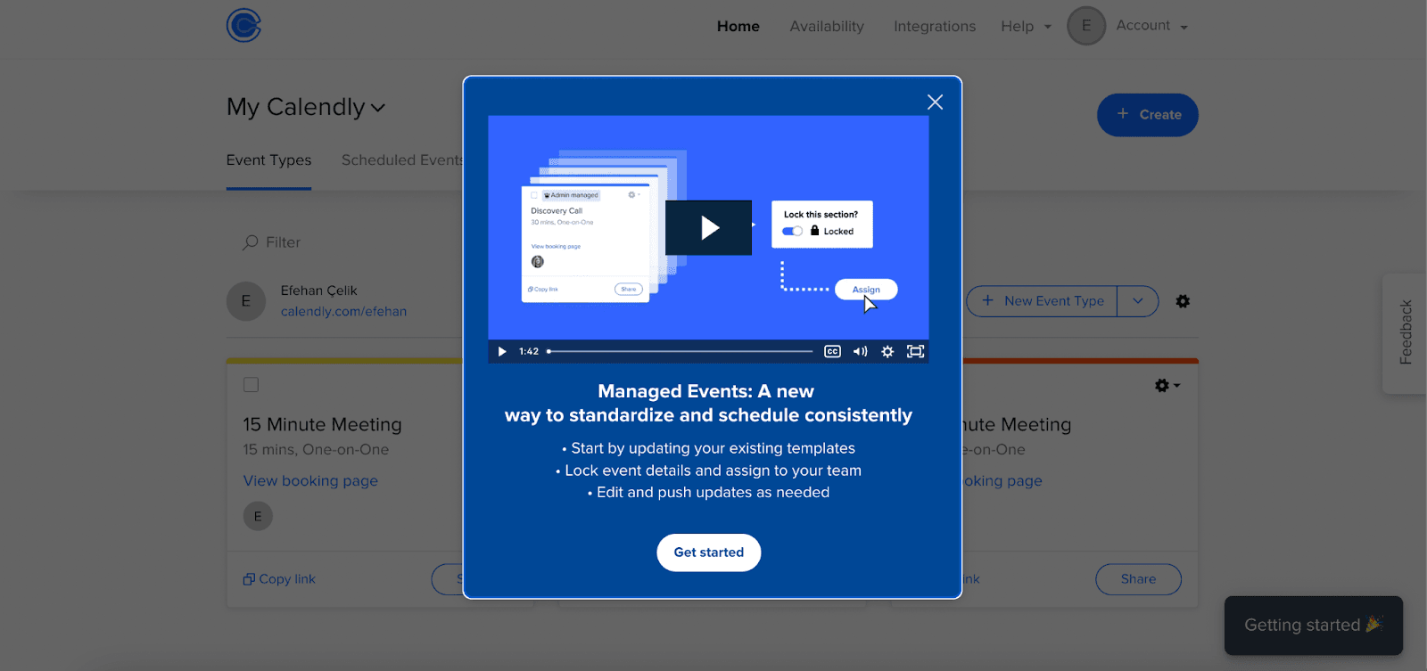 Calendly modal announcing Managed Events, with a short video, three bullet points and a Get started button